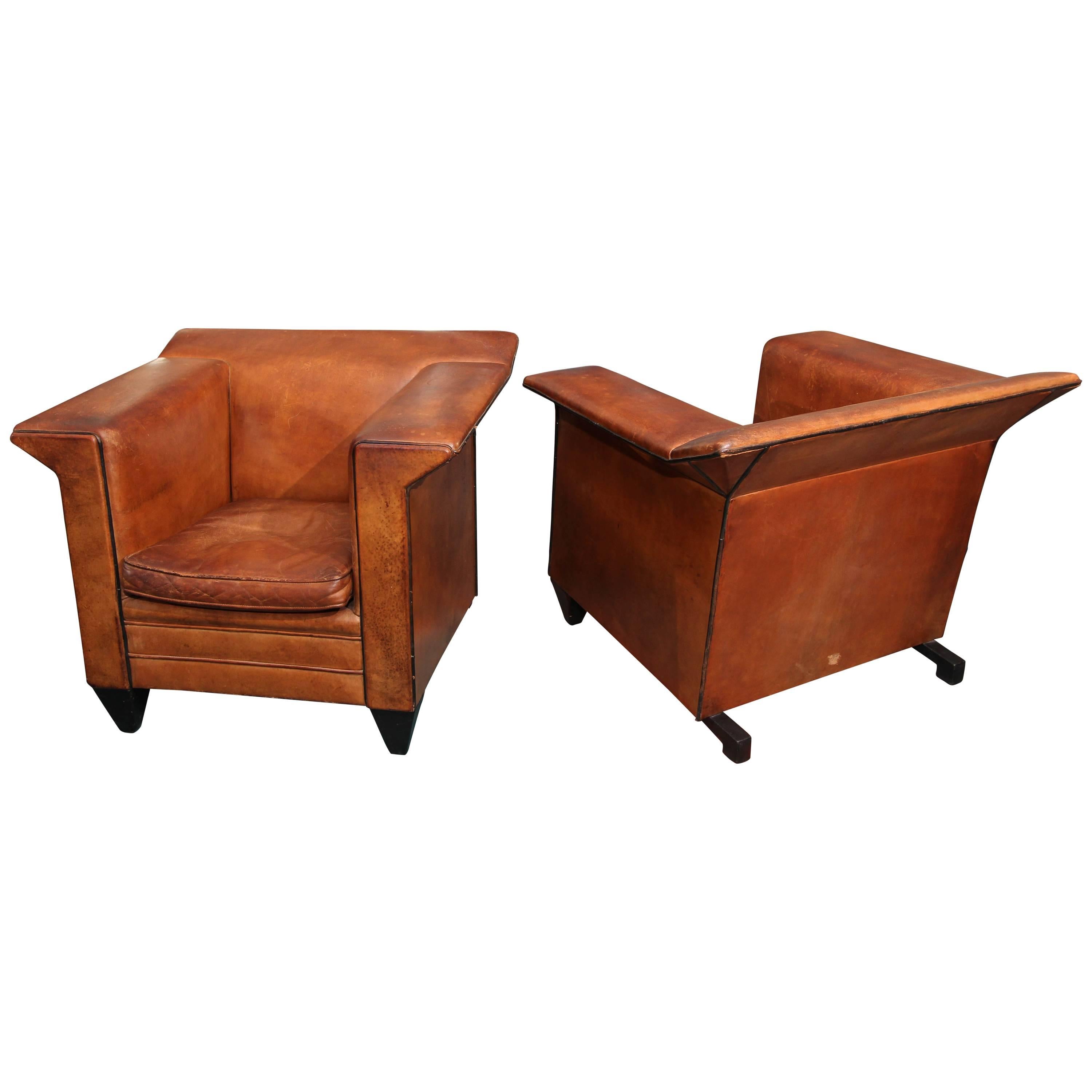 Pair of European Art Deco Even-Arm Club Chairs in Caramel Leather