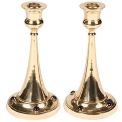 Pair of Antique Brass Candlesticks with Blue Stones