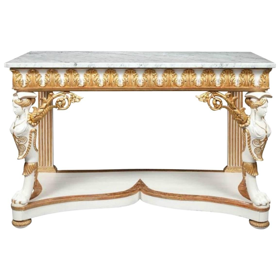 Italian Design, Neoclassical, Console, White Wood, Gilt, Marble, Italy, 1920s