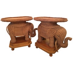 Retro Pair of Wicker Elephant Garden Stool Stands End Side Tables Palm Beach