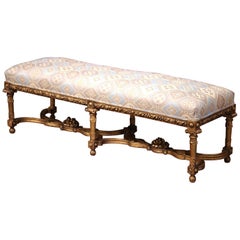 19th Century French Six-Leg Giltwood Bench with Carved Stretcher and New Fabric