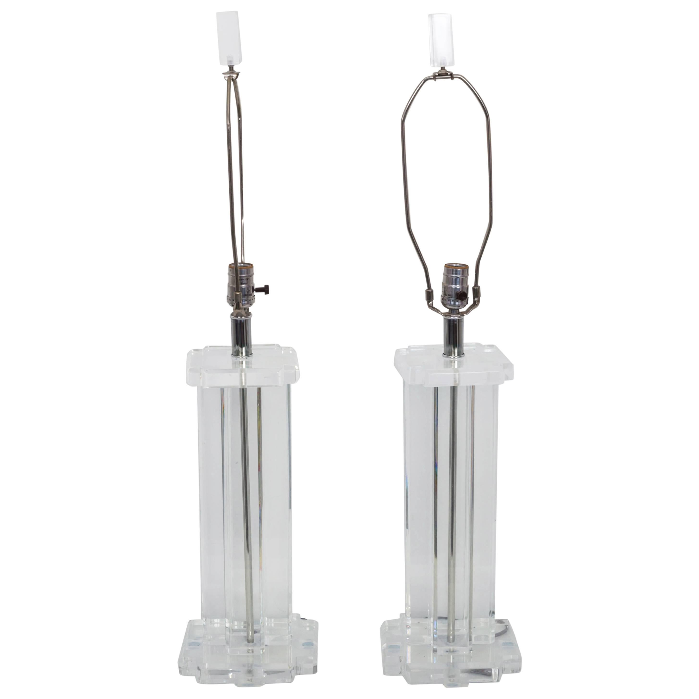 Pair of Lucite Rectangular Column Table Lamps For Sale