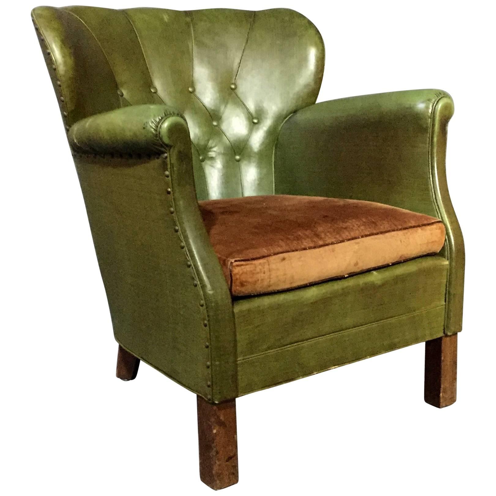 Danish Diminutive Club Chair, Original Green Oil Cloth, 1940s