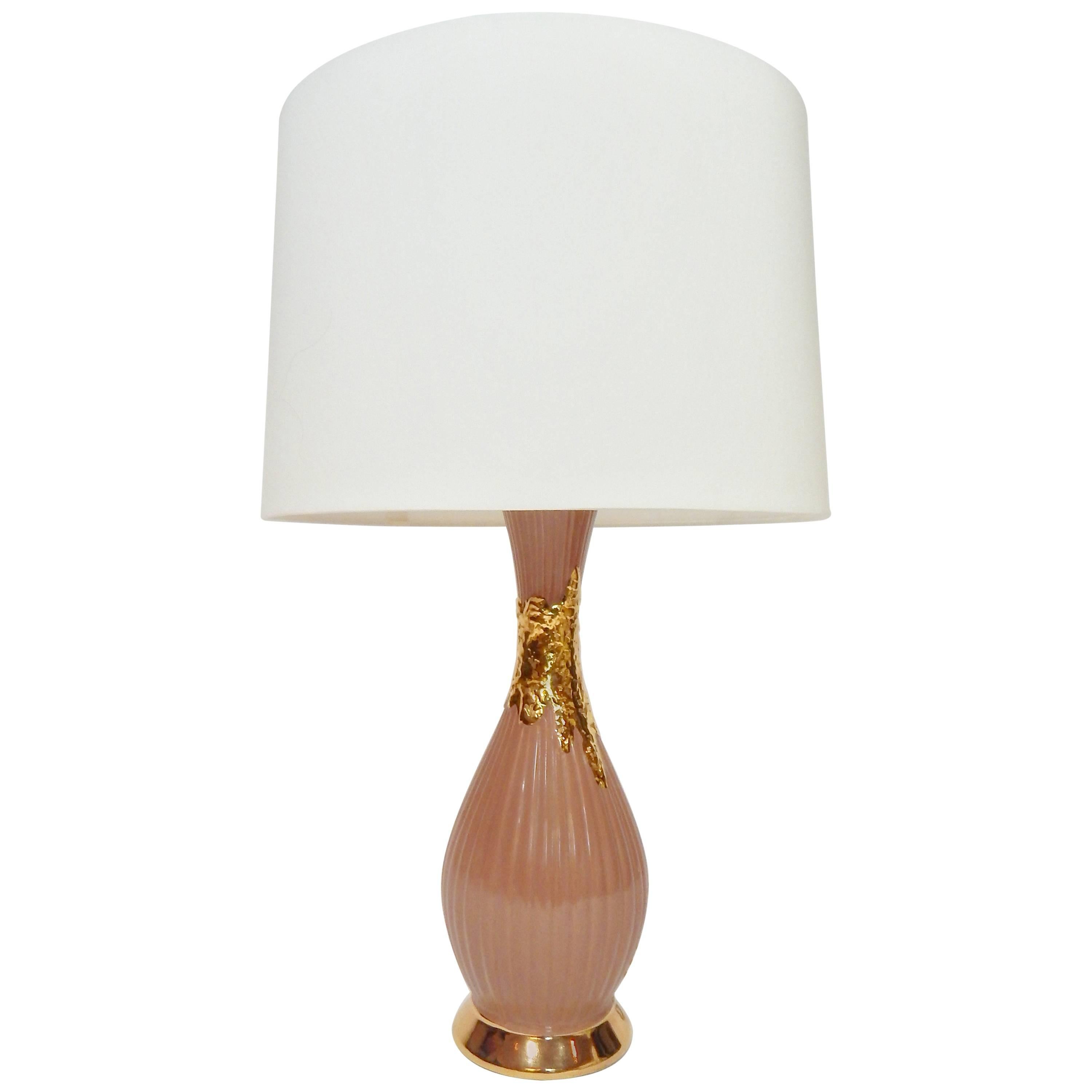 1950s Glamorous Gold and Mauve Glazed Ceramic Table Lamp