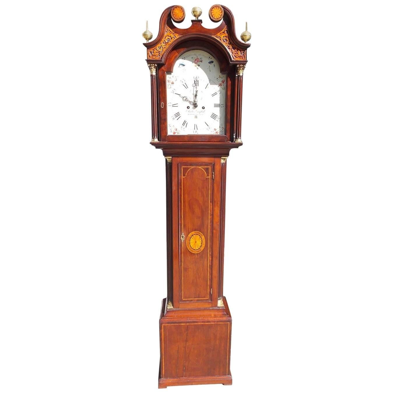 Scottish Mahogany Swan Neck Satinwood Patera Inlaid Tall Case Clock, Circa 1780
