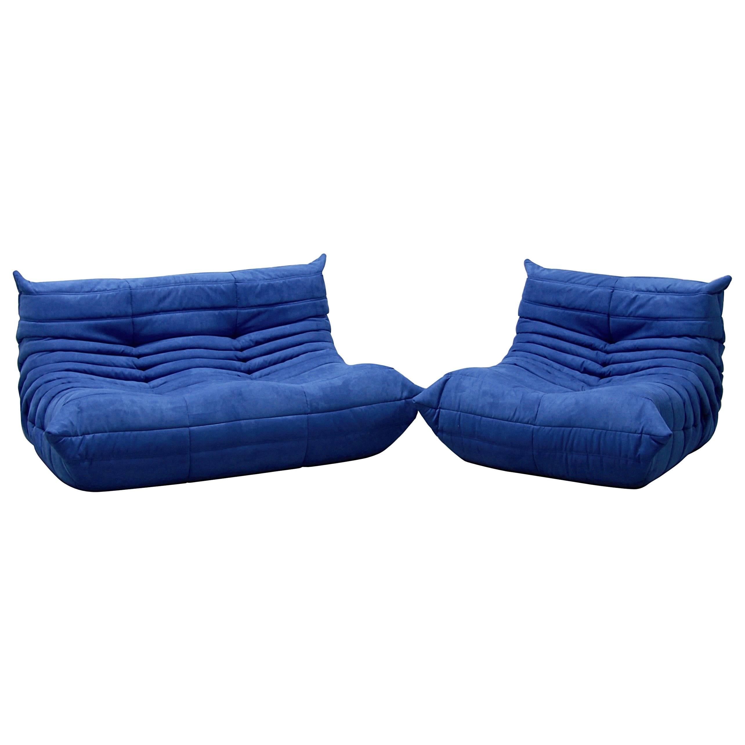 Vintage Blue Microfibre Togo Sofa Set by Michel Ducaroy for Ligne Roset, 1970s