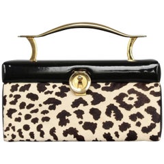 Koret Box Handbag in Faux Leopard and Black Patent Leather with Brass Handle
