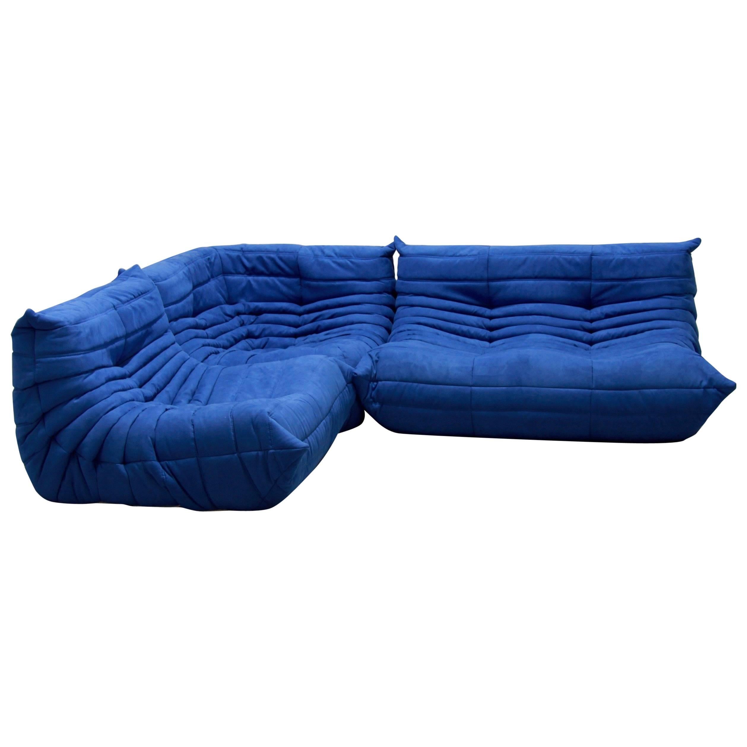 Vintage Blue Microfibre Togo Sofa Set by Michel Ducaroy for Ligne Roset, 1970s