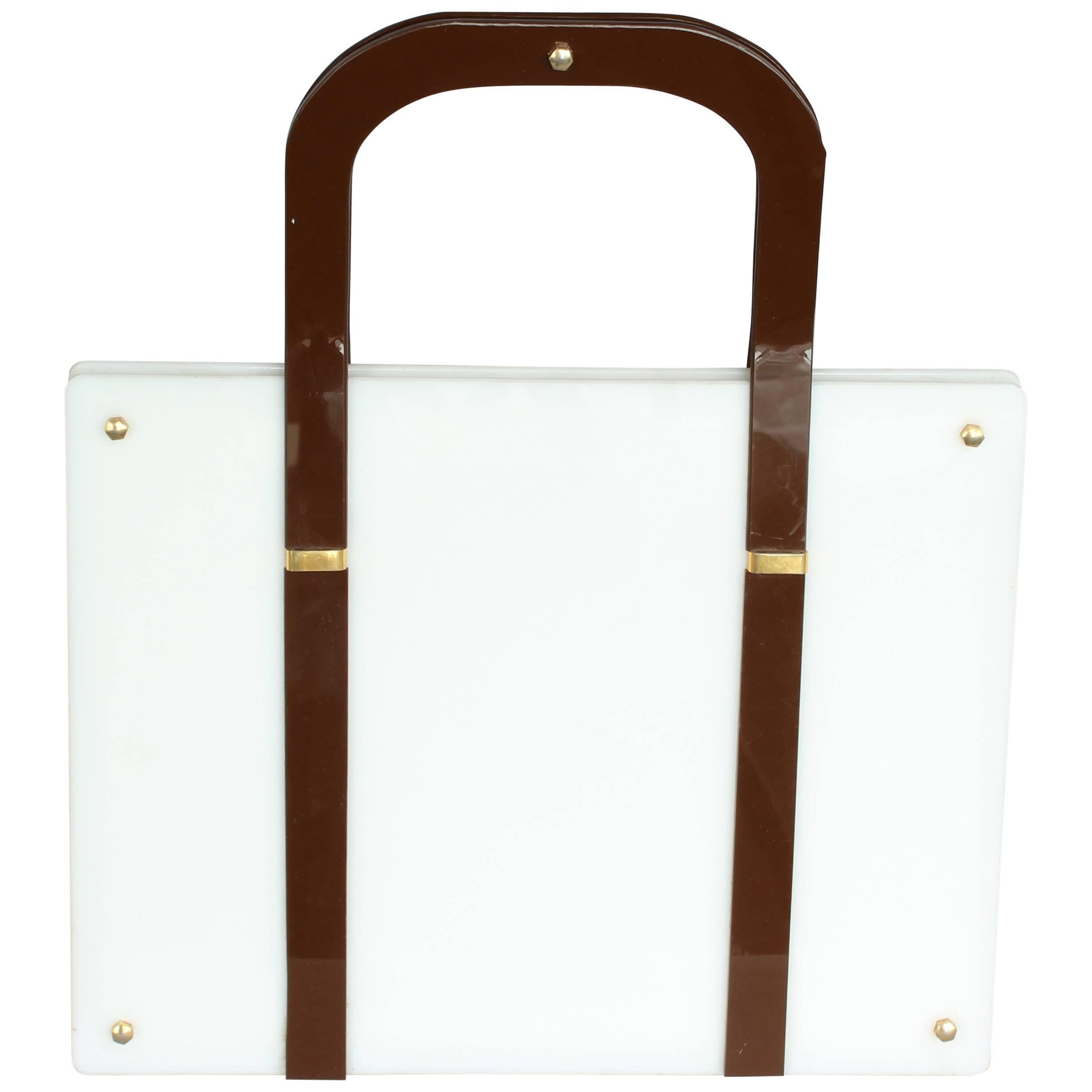Large Koret Handbag on White Lucite with Brown Lucite Handles and Brass Details For Sale