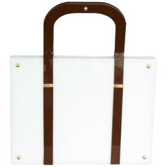 Large Koret Handbag on White Lucite with Brown Lucite Handles and Brass Details