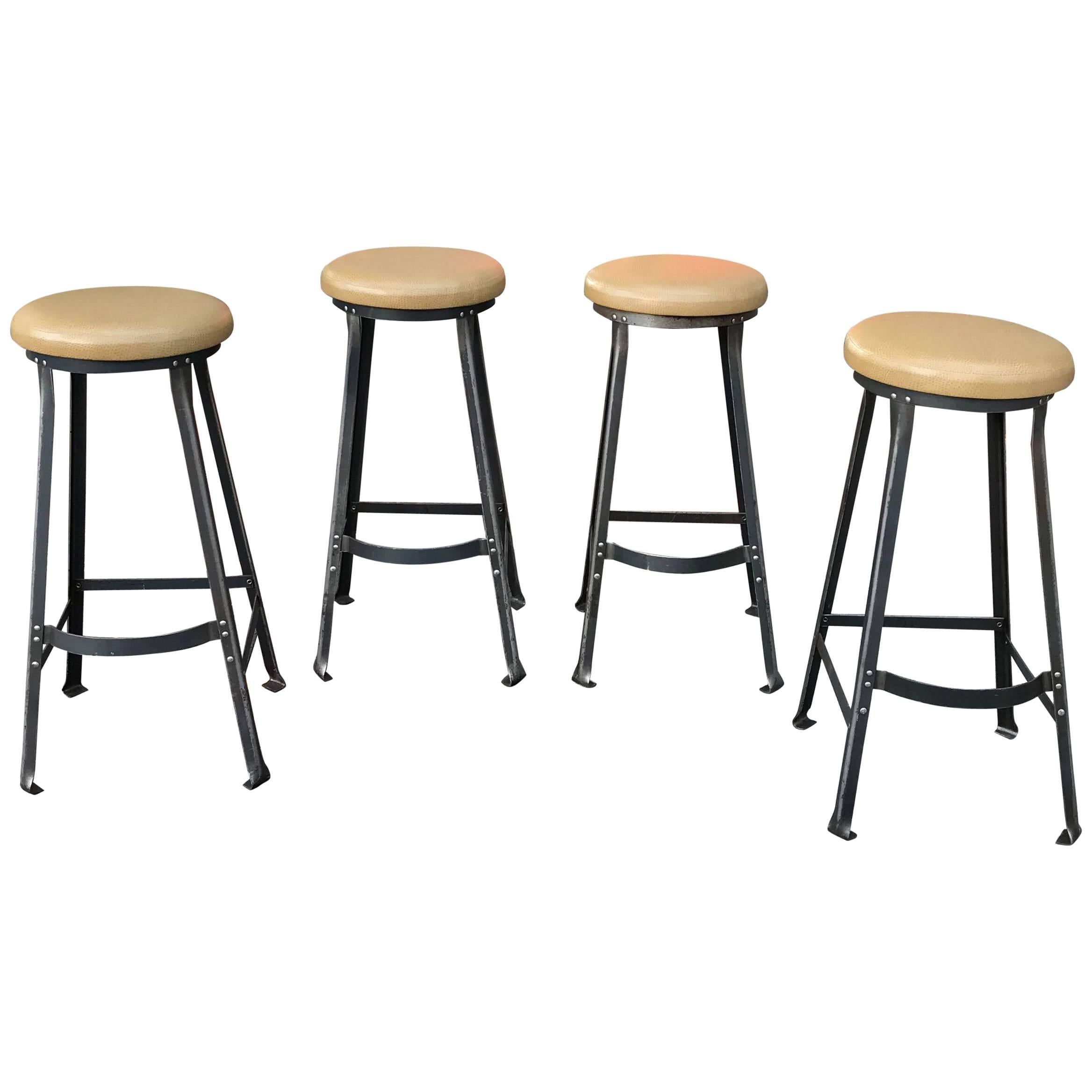 Industrial Midcentury Angle Iron and Faux Ostrich Barstools
