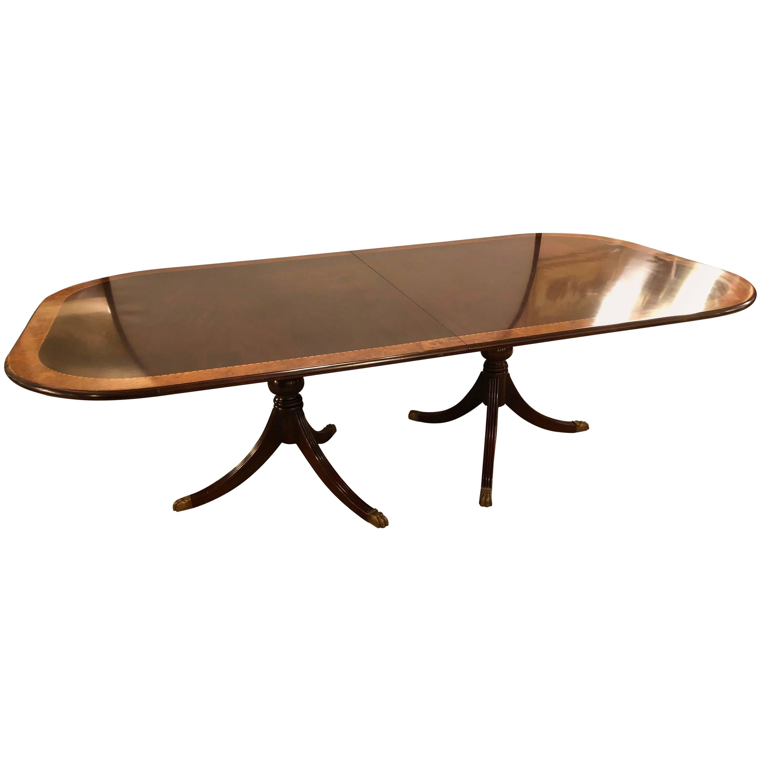 Monumental Georgian Style Banded Dining Room Table with Two Leaves