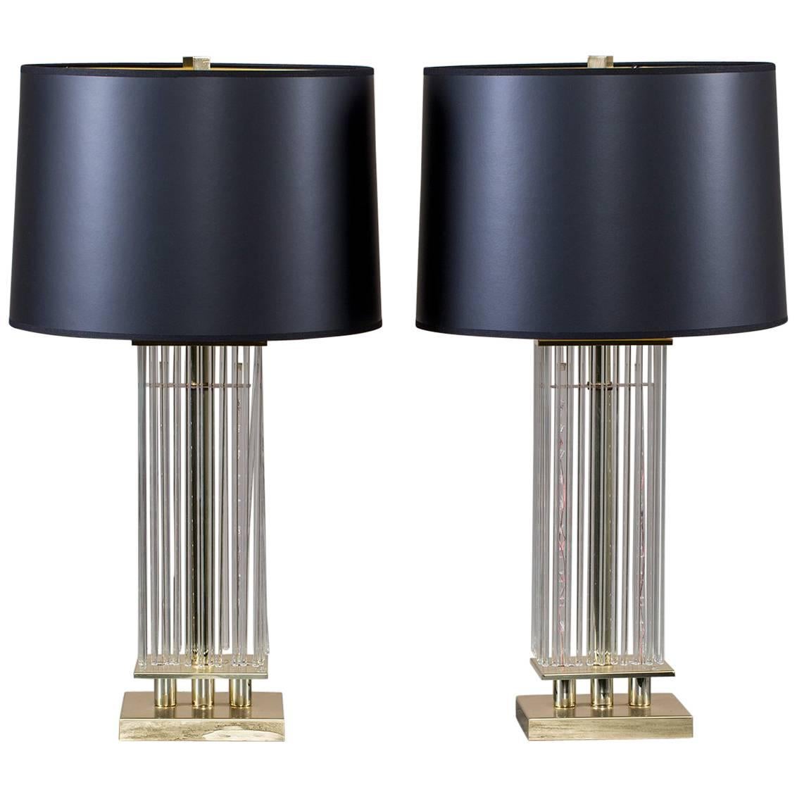 Pair of Gaetano Sciolari Vintage Italian Brass and Glass Square Lamps circa 1970