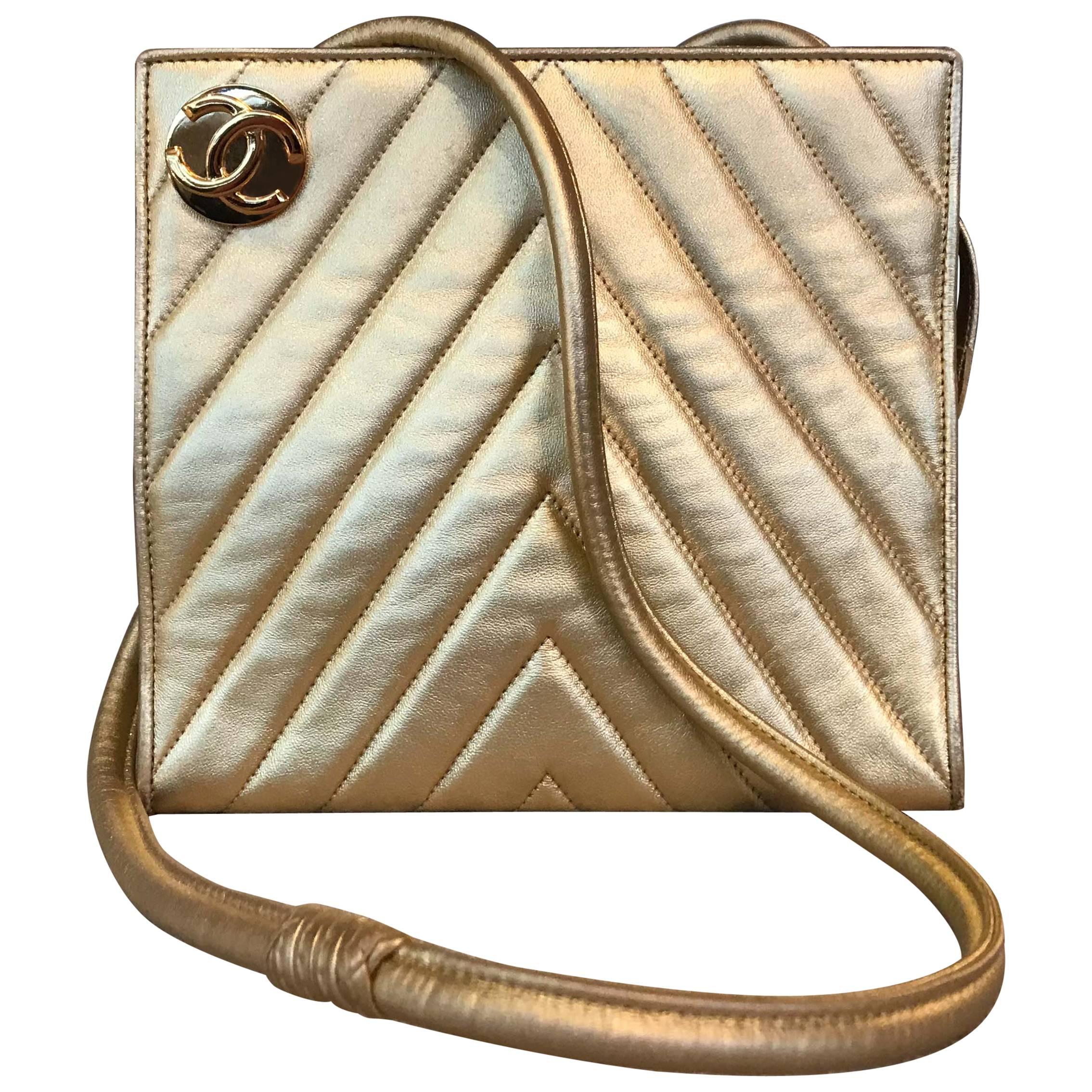 Chanel Gold Lambskin Chevron Shoulder Bag