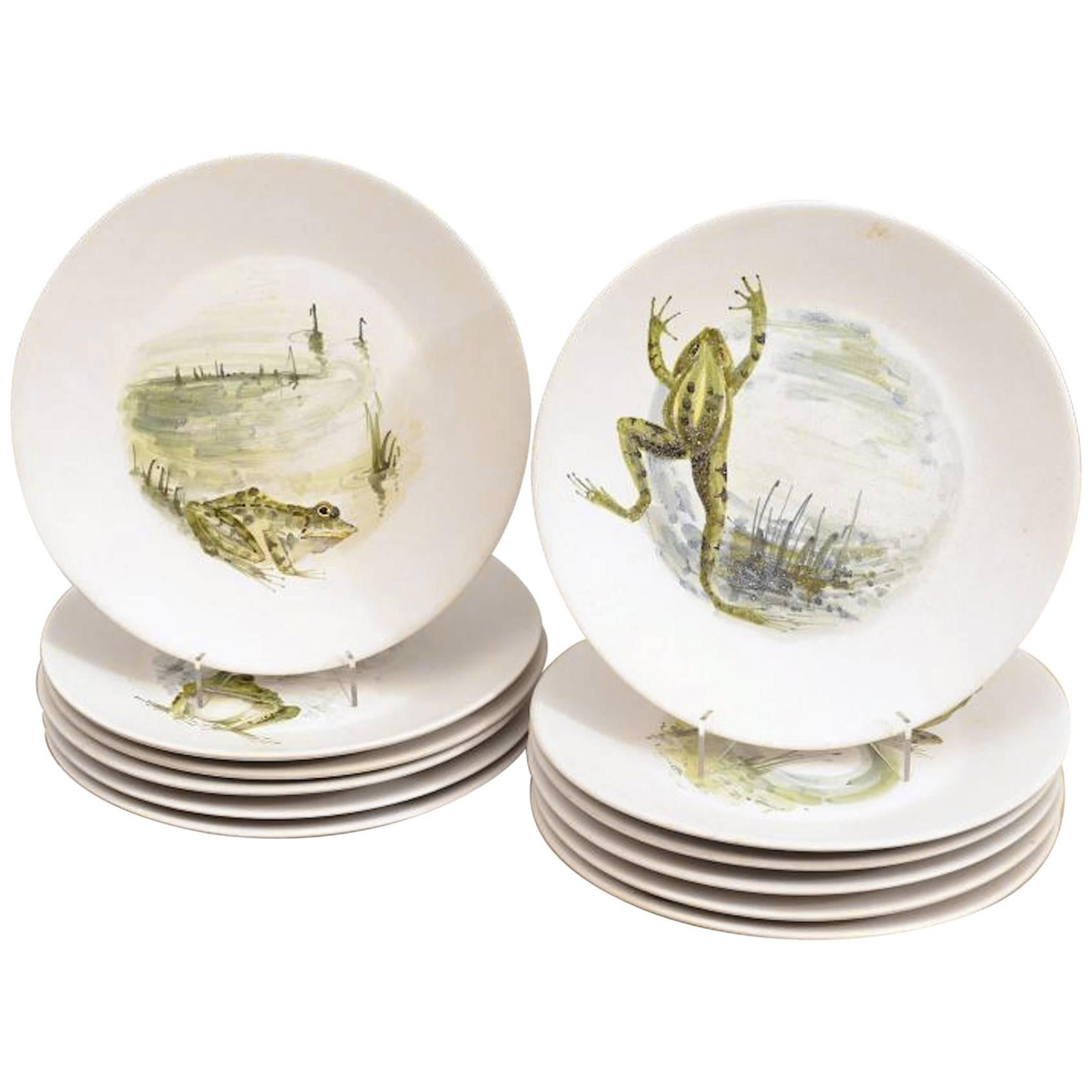 12 French Hand-Painted Frog Plates by Marcel Guillot