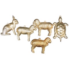Vintage Collection of Five Embossed Gold Paper Christmas Ornaments of Animals