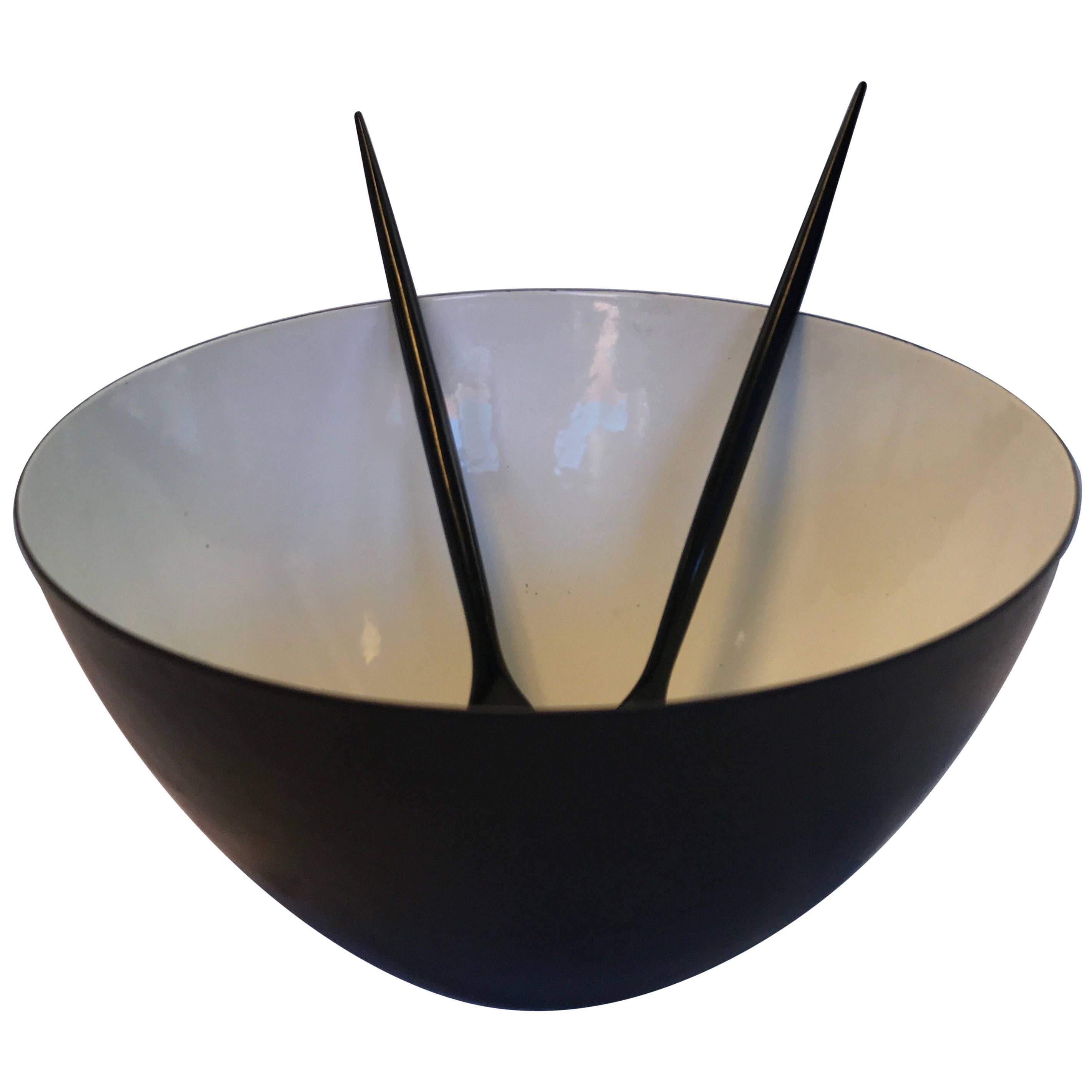 Large Krenit Bowl, Salad Set in Black/White Enamel from 1970s, Denmark