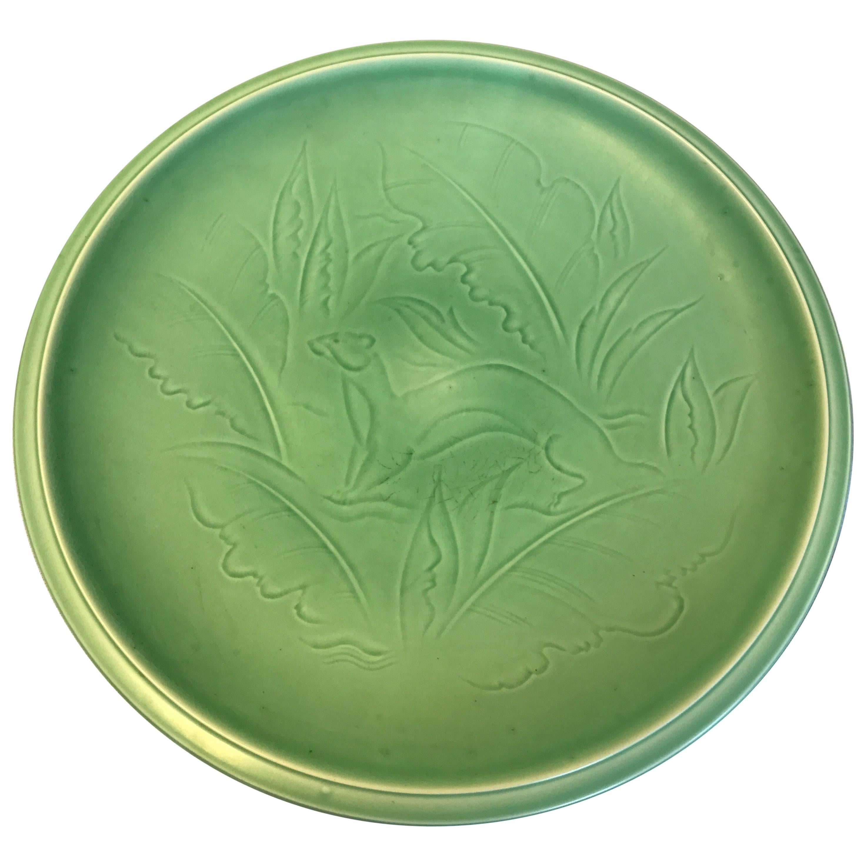 Green Glazed Stoneware Dish, Nils Thorsson from Aluminia, 1950s, Denmark