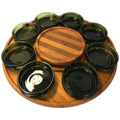 Richard Nissen Teak Tapas Tray Eight Colered/Green Glass Containers, Denmark