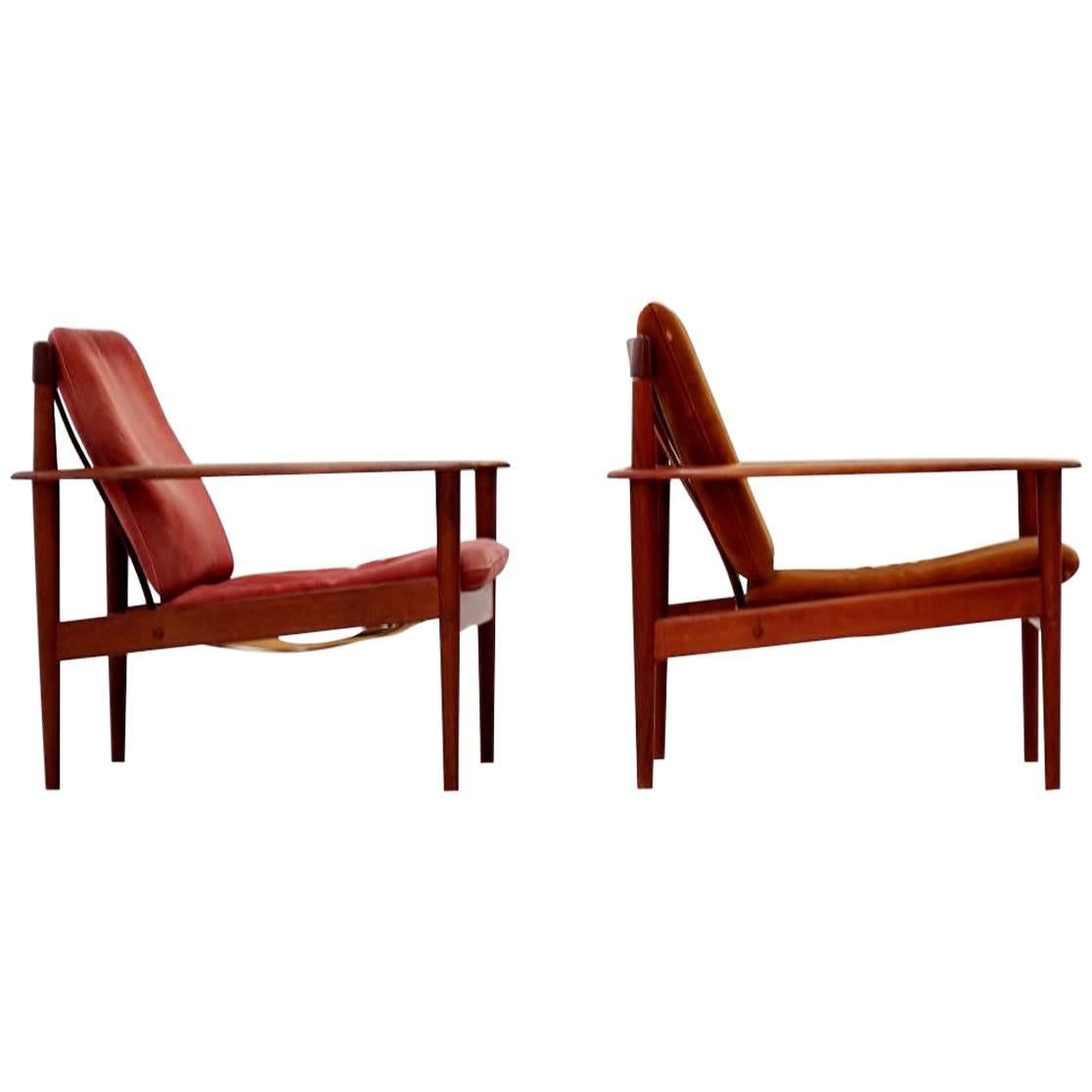 Set of Two Chairs by Grete Jalk for Poul Jeppesen Danish Leather Lounge Armchair