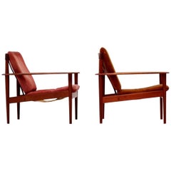 Set of Two Chairs by Grete Jalk for Poul Jeppesen Danish Leather Lounge Armchair