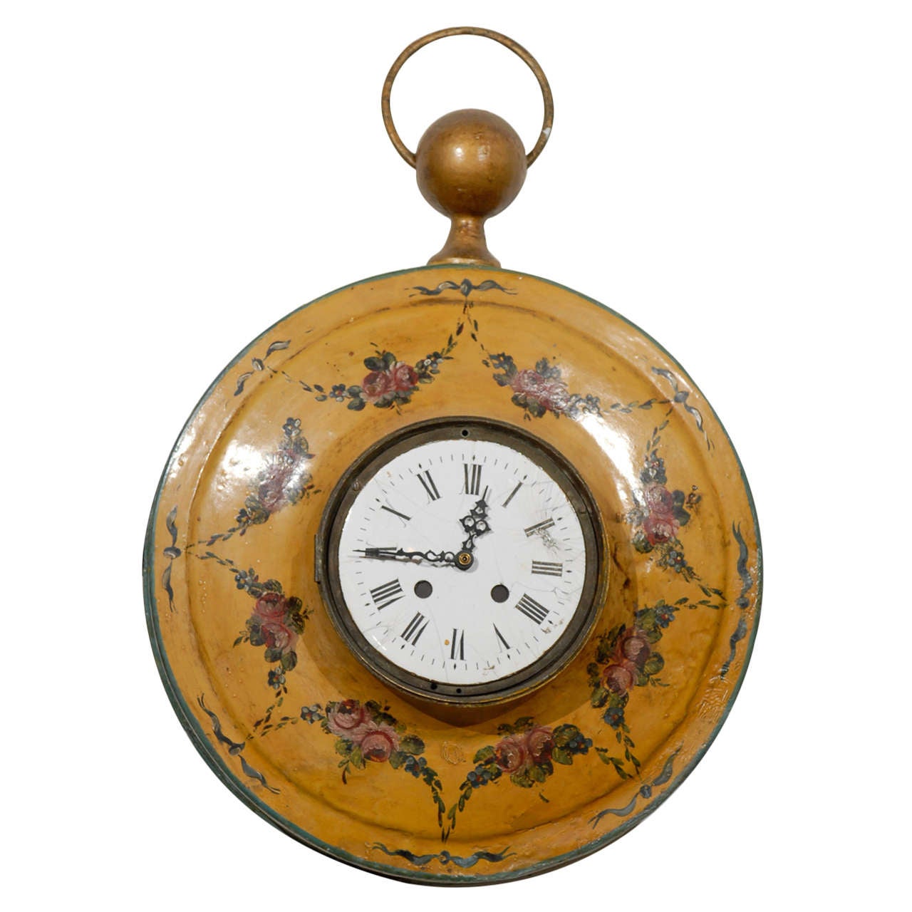 French Pocket-Watch Shaped Wall Hanging Tôle Clock with Floral Décor, circa 1800 For Sale
