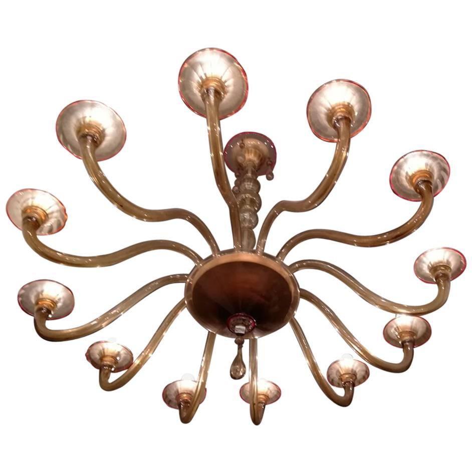 Lustre de Murano à 12 éclairages, couleur Ambra, profils rouges, forme ronde, verre, 1940