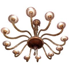 Chandelier Murano 12 Lights 1940, Color Ambra Red Profiles, Round Shape, Glass