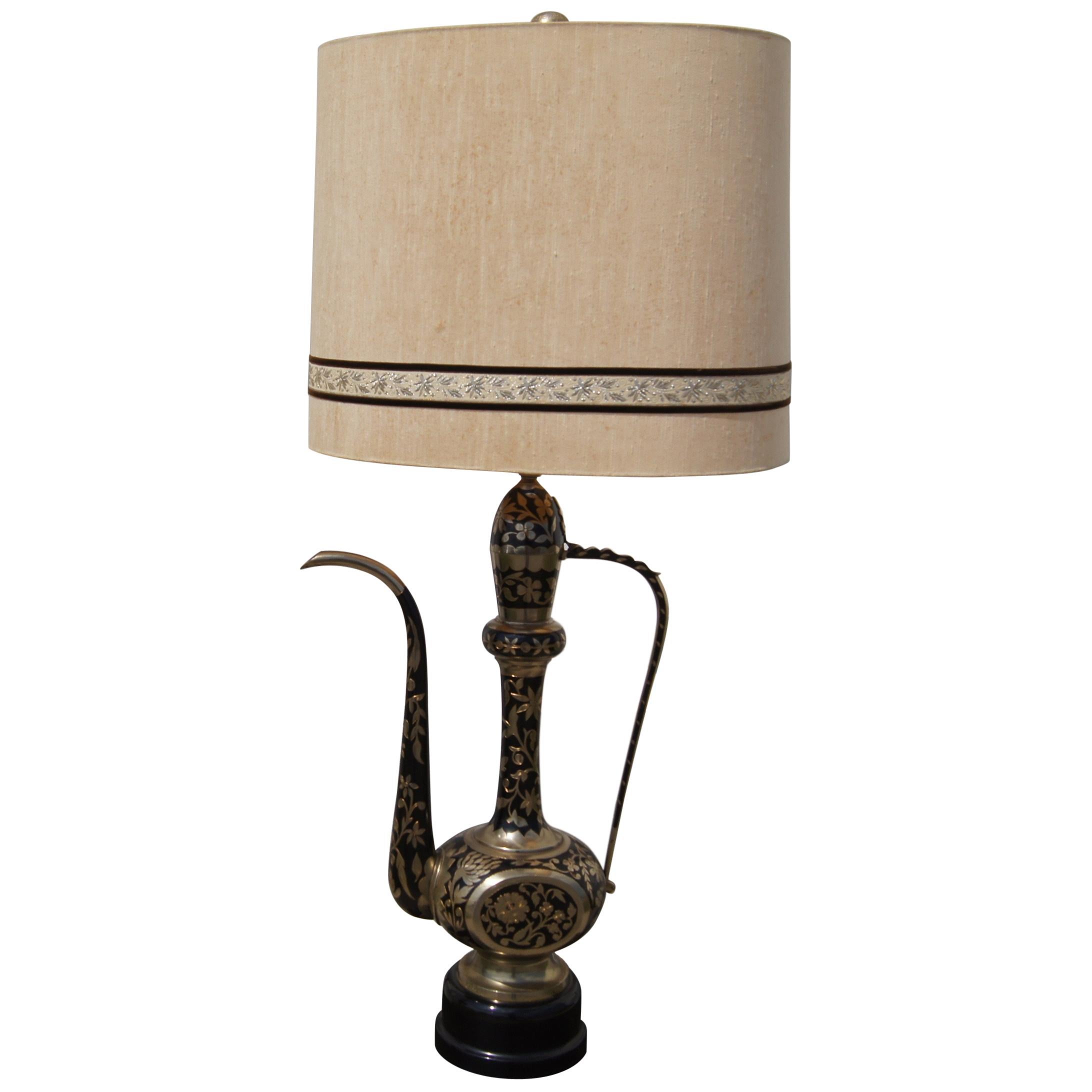 Large Vintage Table Lamp from Decorative Indian Brass Teapot For Sale