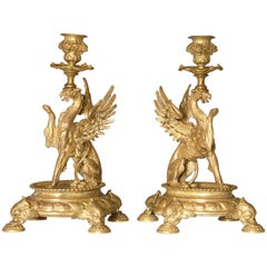 Pair of 19th Century French Gilt Bronze Winged Griffin Candelabra