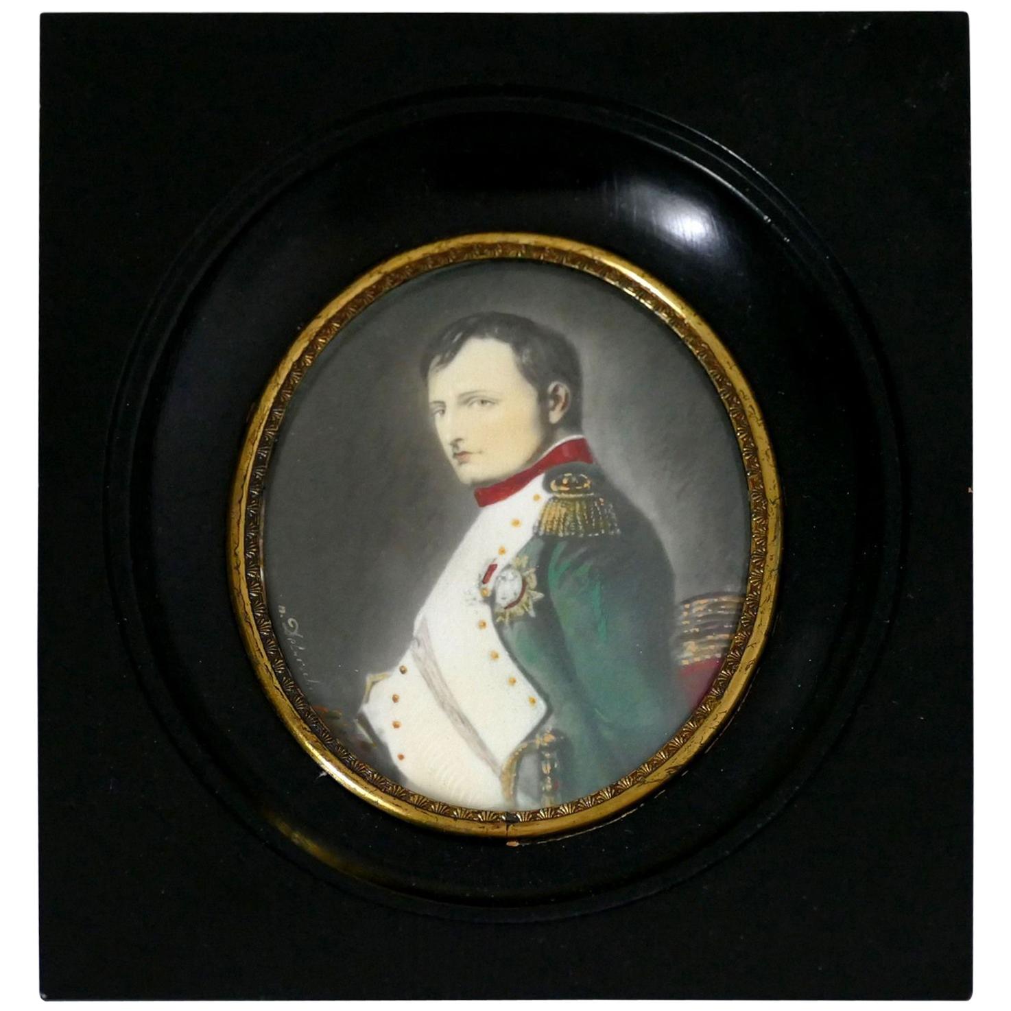 Antique French Miniature Painting Signed, Portrait Napoleon Bonaparte