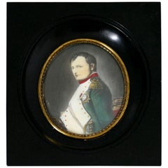 Antique French Miniature Painting Signed, Portrait Napoleon Bonaparte