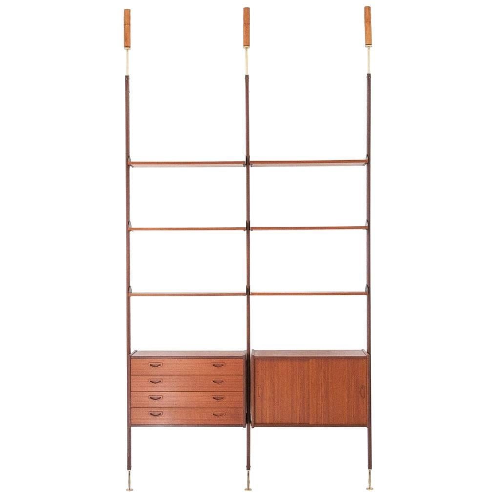 Italian Teak and Brass Floor to Ceiling Wall Unit, 1950s