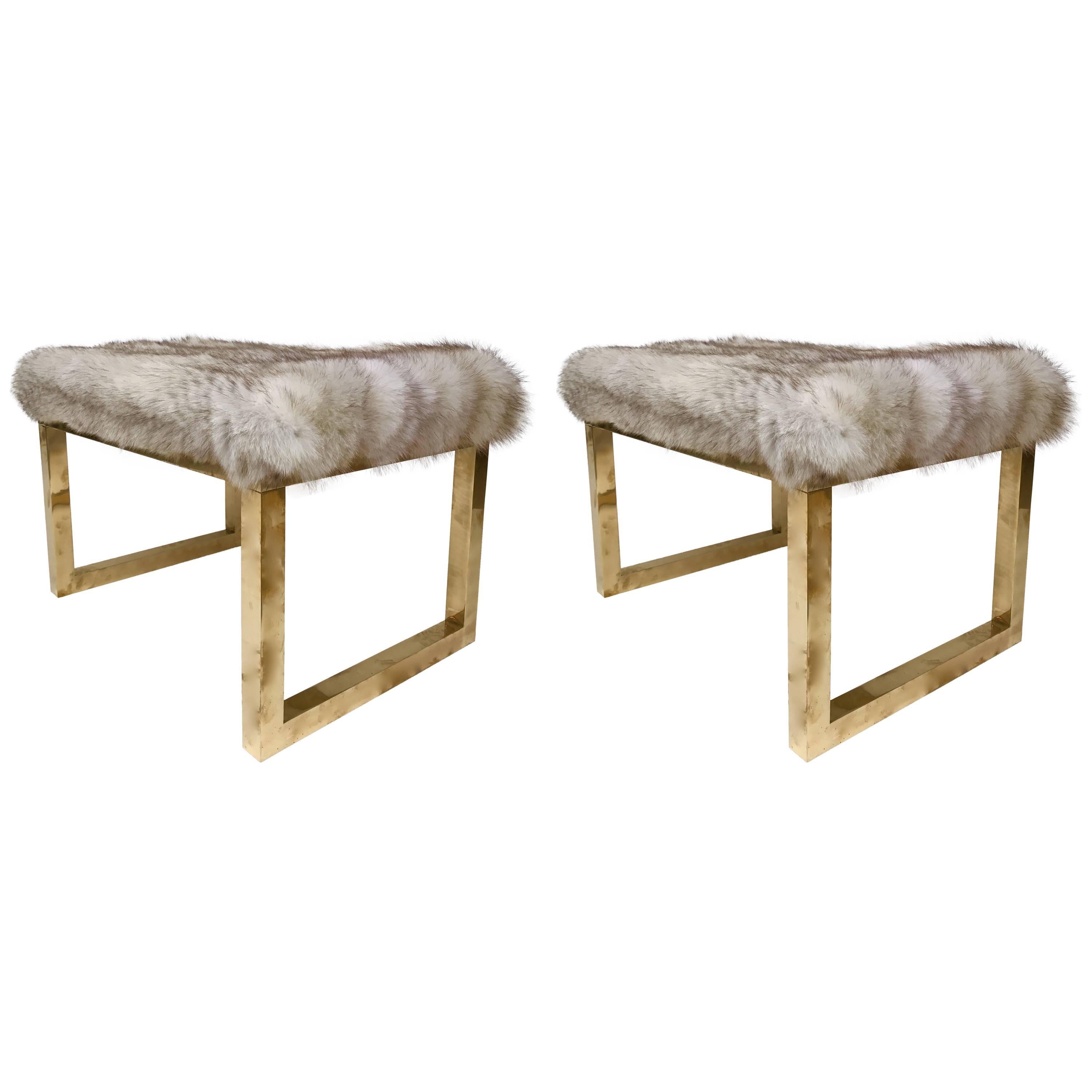 Pair of Contemporary Poufs Stools Brass and Silver Wolf, Italy
