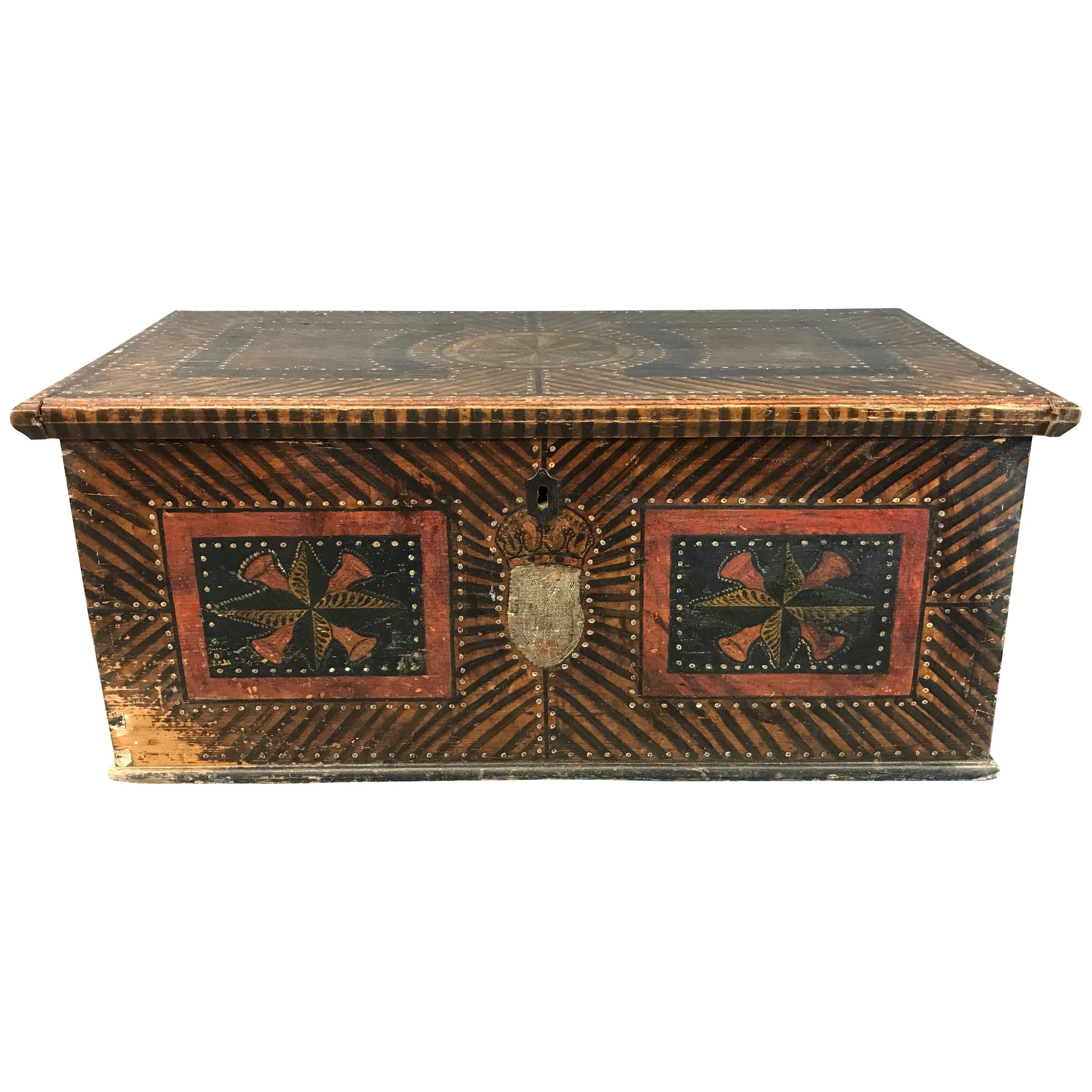 Antique Folk Art Painted Marriage Chest, circa 1820 For Sale