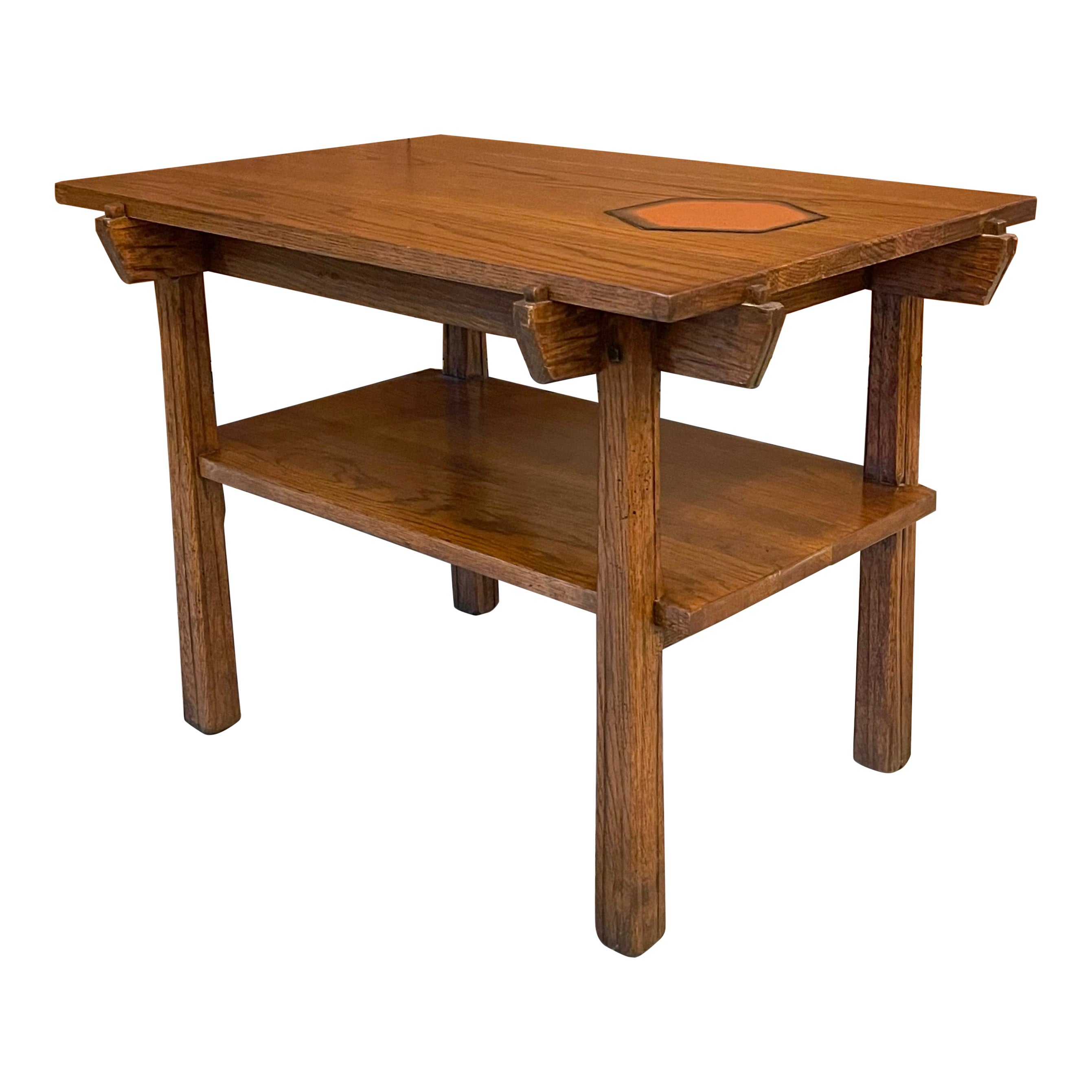 Rustic Mid-Century Modern Tiered Oak Side Table For Sale