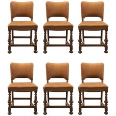 Set of Six Antique Dining Chairs, Oak and Leather, English, Edwardian