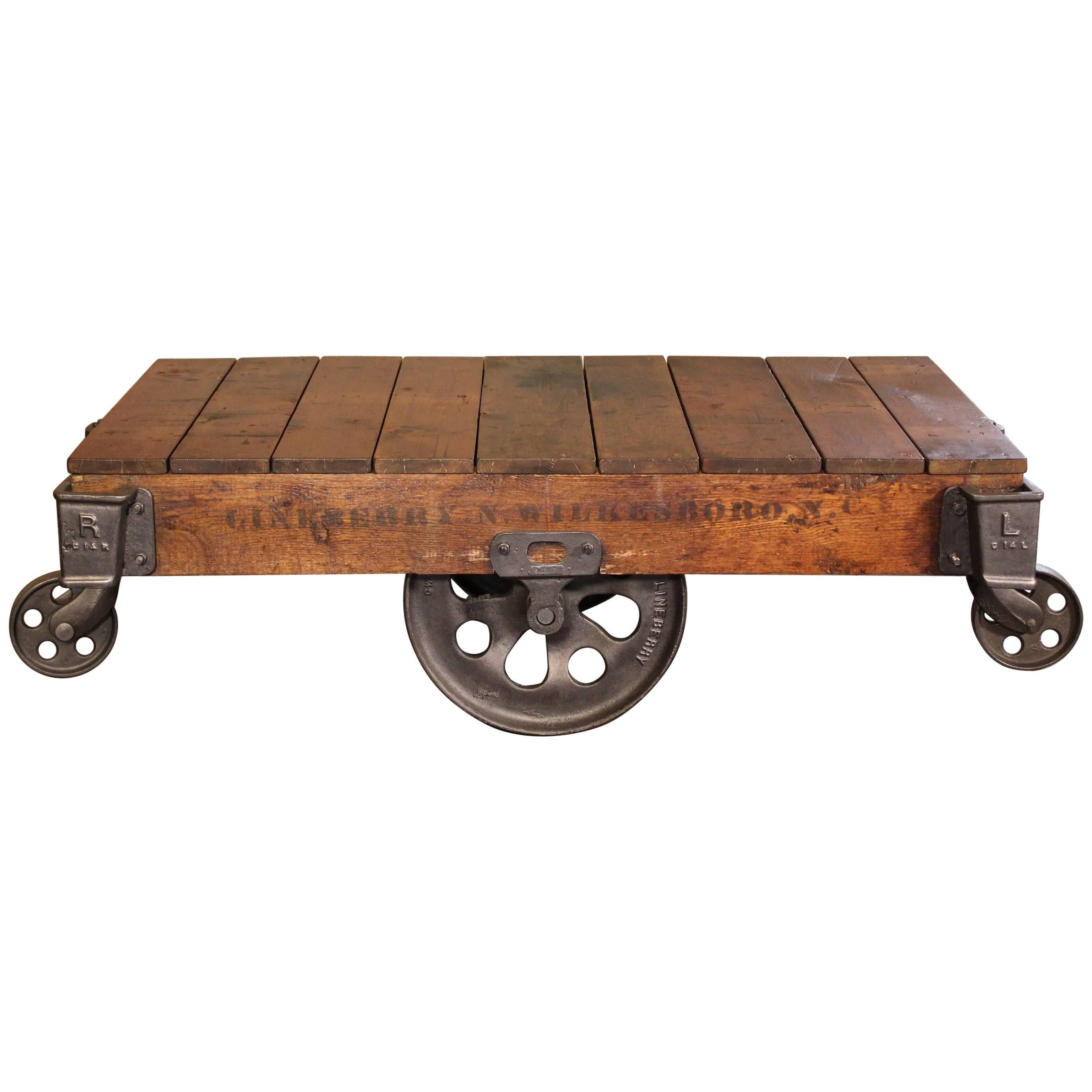 Vintage Industrial Rustic Wood and Cast Iron Factory Coffee Table Rolling Cart