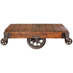 Vintage Industrial Rustic Wood and Cast Iron Factory Coffee Table Rolling Cart