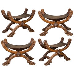 Antique Set of Four Spanish Carved Walnut Folding Stools, 1880