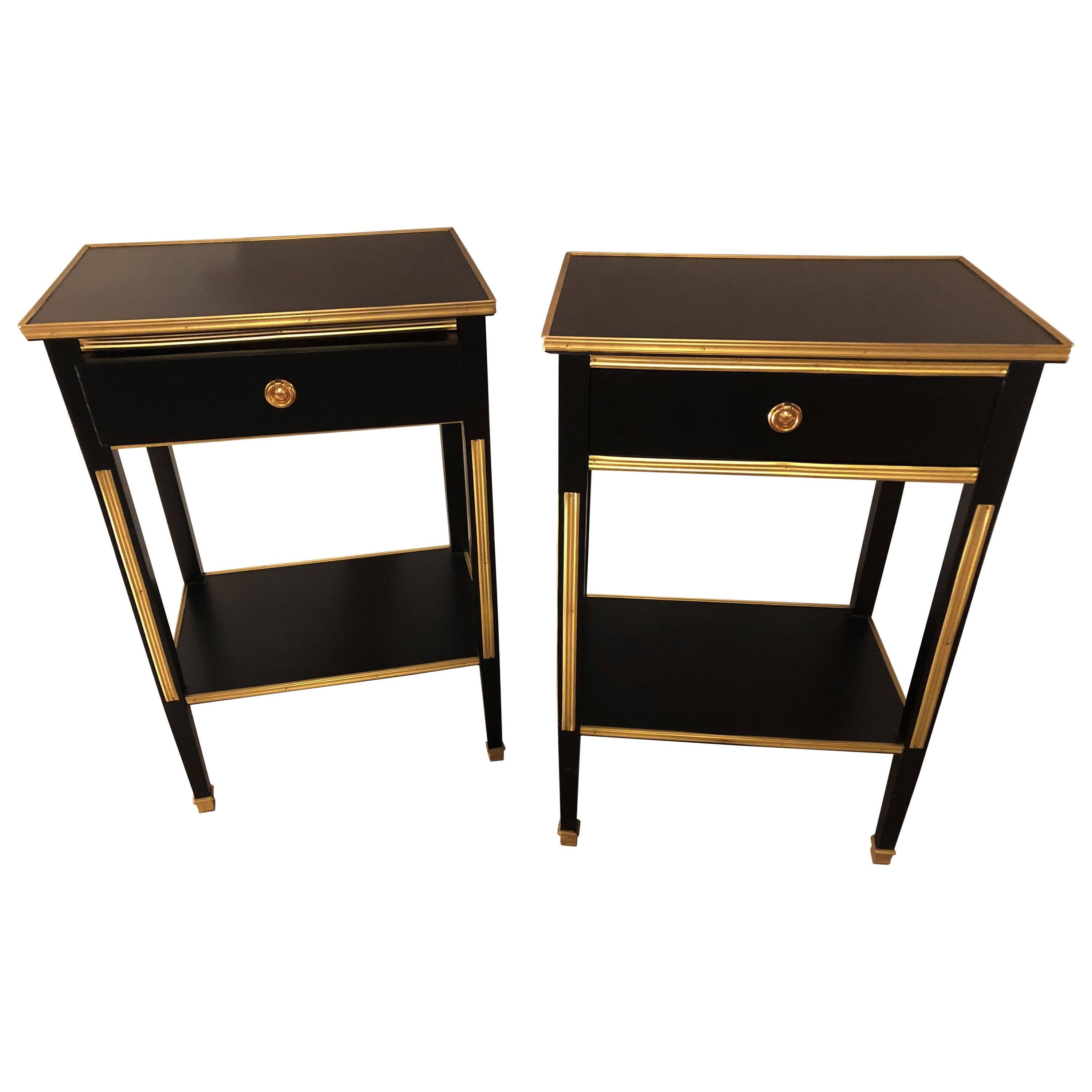 Pair Russian Neoclassical Style Ebony Finish One Drawer Stands or End Tables
