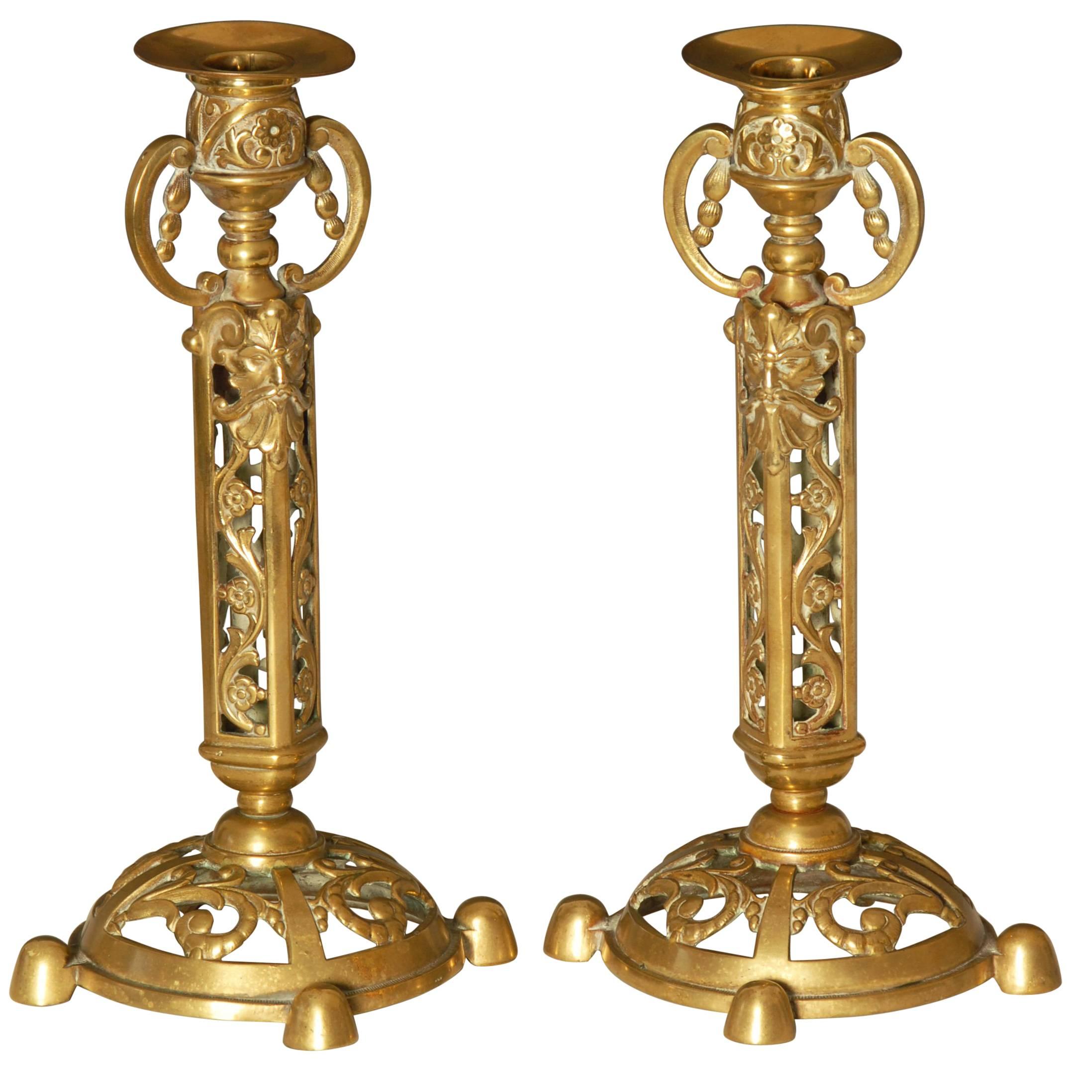 Pair of Brass Victorian Candlesticks with Satanic Faces by William Tonks and Son For Sale