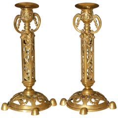 Pair of Brass Victorian Candlesticks with Satanic Faces by William Tonks and Son