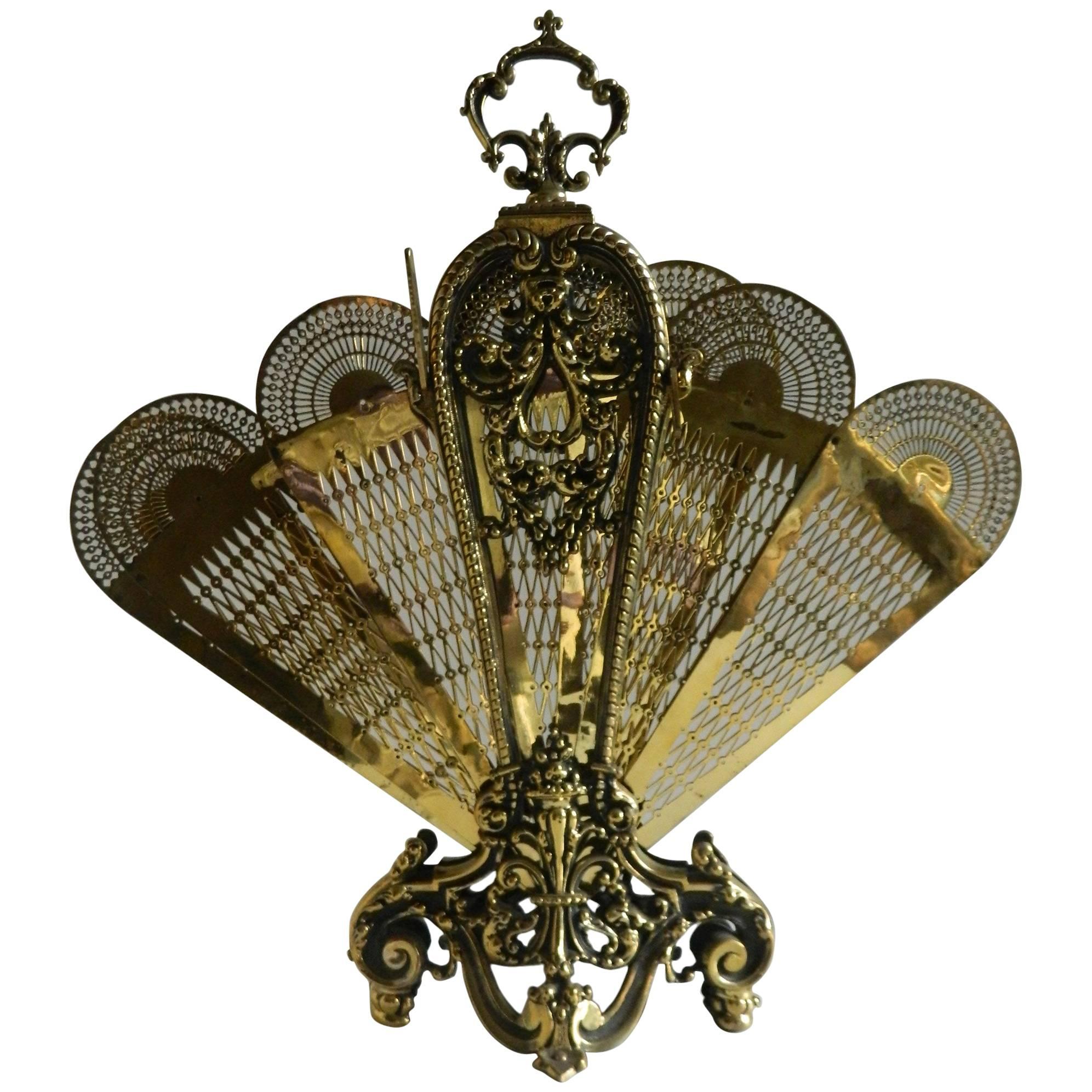 French Polished Brass Fan Fire Screen, 19th Century