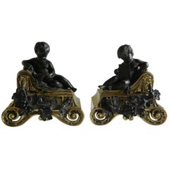 Antique Pair of Polished Brass Chenets or Andirons with Bronze Cherubs, 19th Century