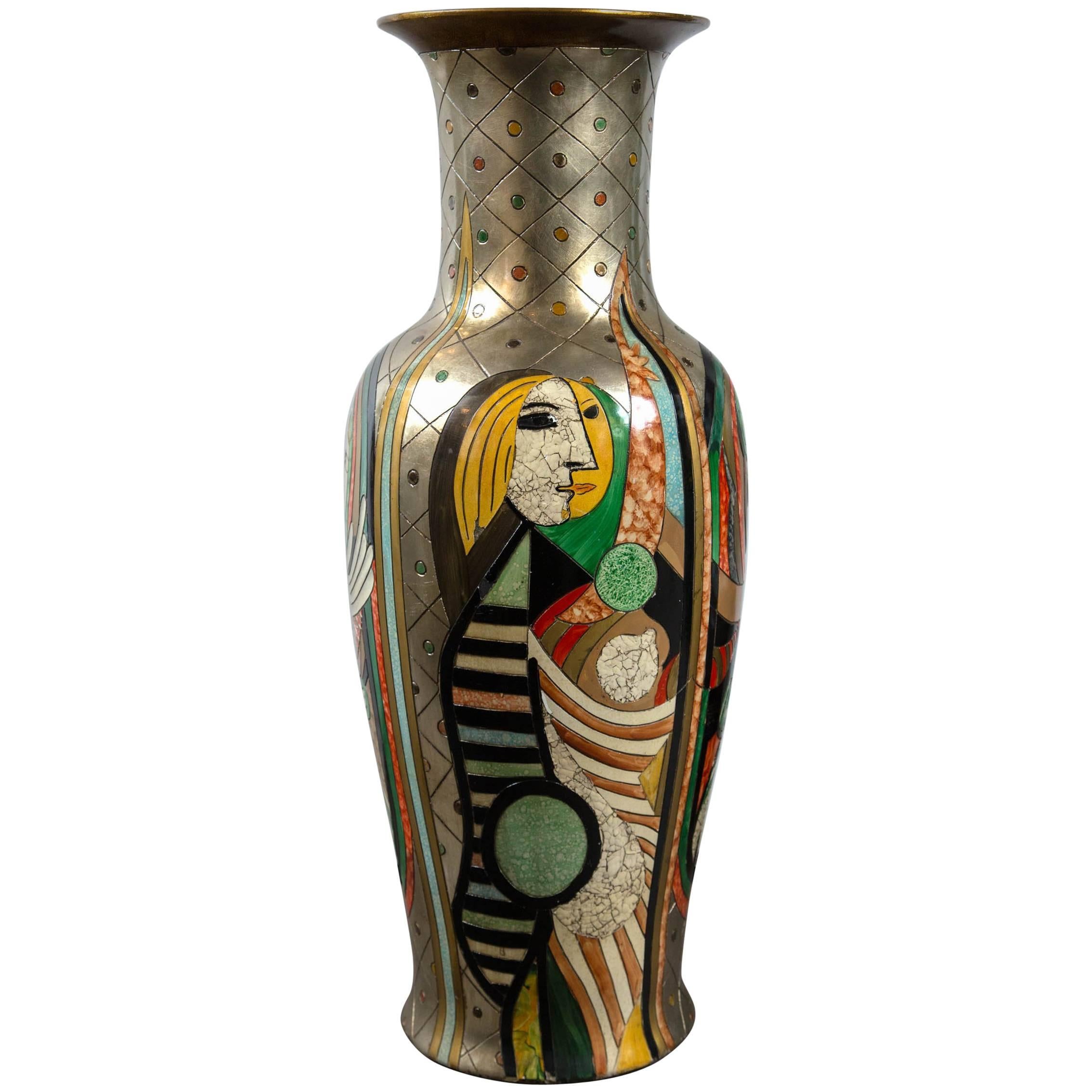 Tall Picassoesque Pottery Vase For Sale