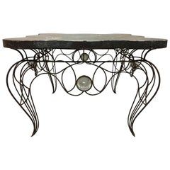 Unique Centre Table / Console in Wrought Iron and Glass by Andre Dubreuil, 1986