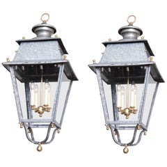 Pair of French Mixed Metal and Glass Lanterns, circa 1960s-1970s