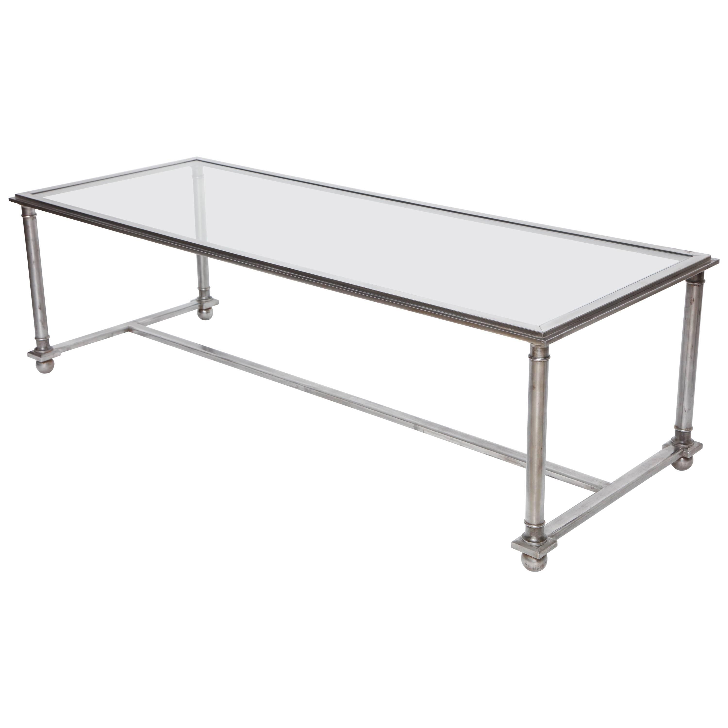 Midcentury Rectangular Steel Coffee Table with Glass Top, France, circa 1960s