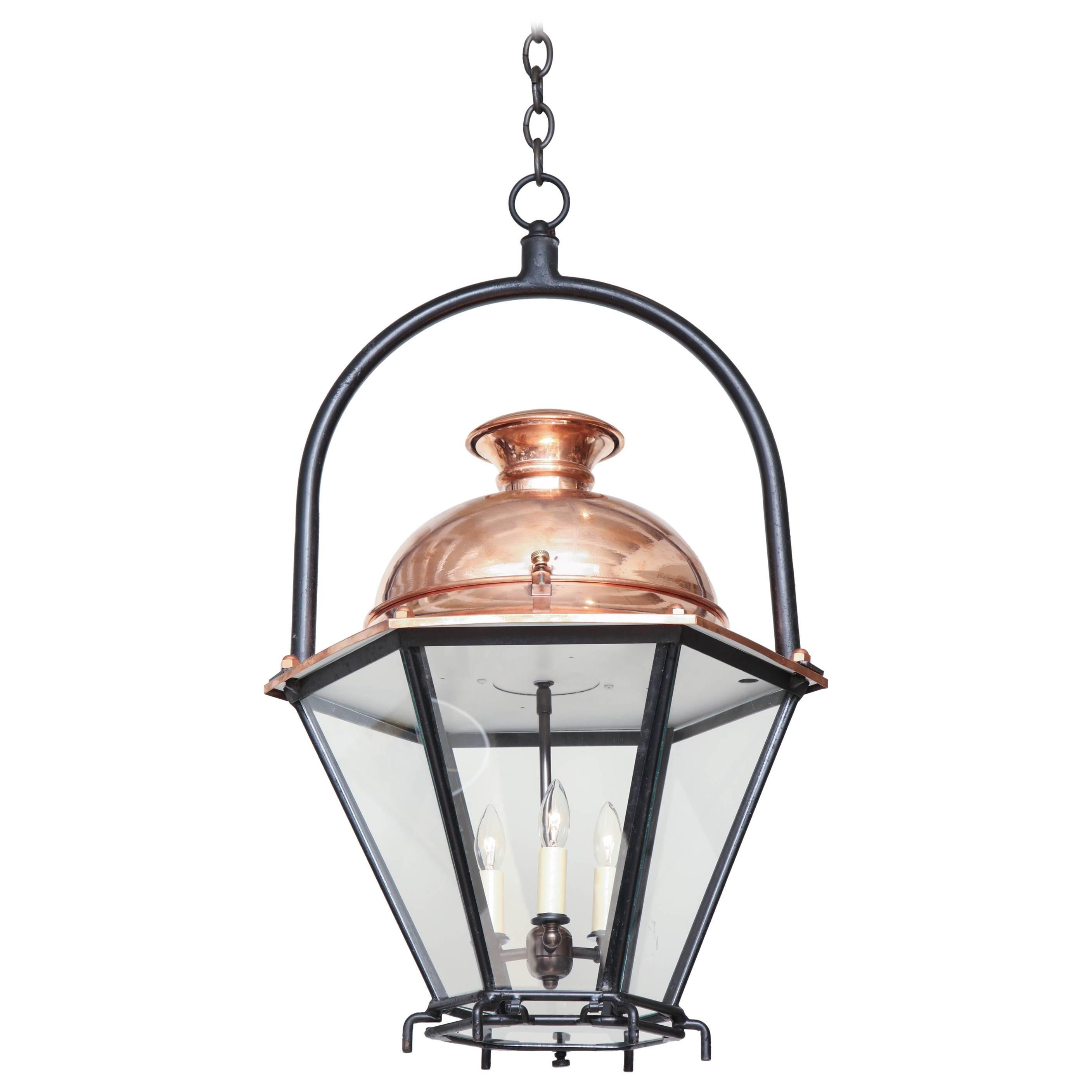20th Century Copper and Glass Lantern/Pendant with Iron Ring Hanger, circa 1900 For Sale